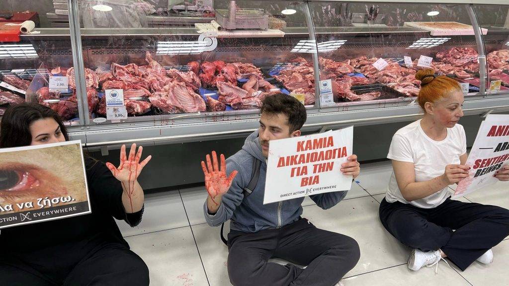 Vegan μπούκαραν σε σούπερ μάρκετ, διαμαρτυρήθηκαν και έριξαν μπογιά στο κρεοπωλείο // ΒΙΝΤΕΟ