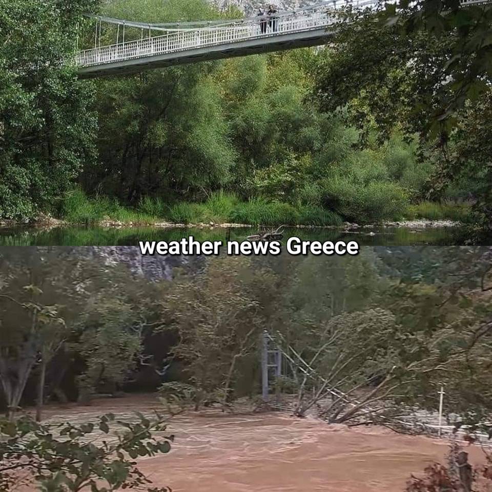 Σε 18 μέτρα ύψος έφτασαν τα νερά στην κοιλάδα των Τεμπών – Σχεδόν κάλυψαν την κρεμαστή γέφυρα // ΒΙΝΤΕΟ