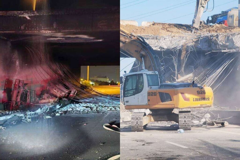 Πυρκαγιά σε βυτιοφόρο στην Αθηνών – Κορίνθου – Κατεδαφίζεται γέφυρα στον Ισθμό που υπέστη ζημιές (video)