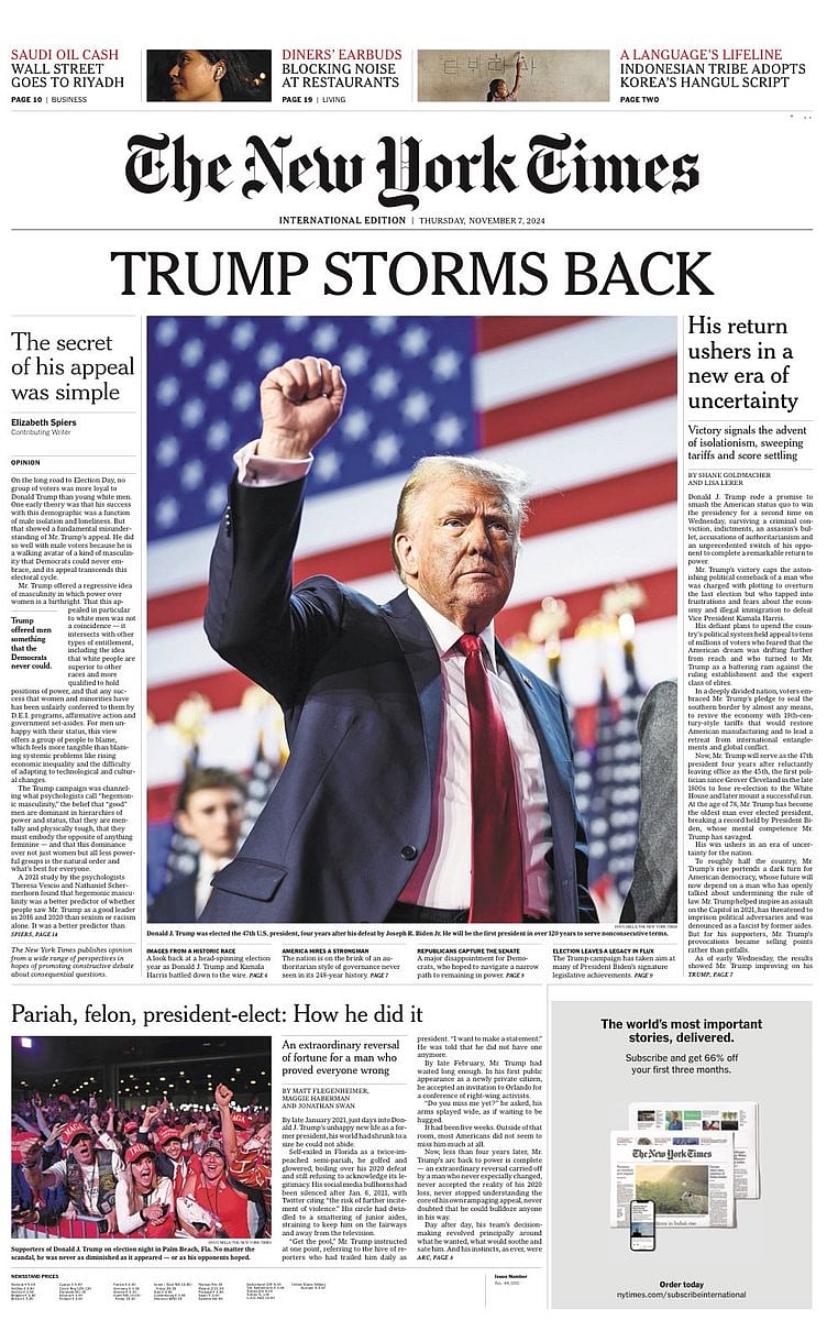 American dread, don it again': Front pages around the world as Trump swept  US polls
