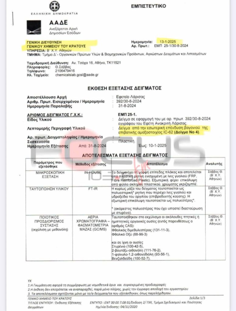 Αποκλειστικό Focus FM 103.6: Έγγραφα από το Γ.Χ.Κ. αποδεικνύουν την ύπαρξη αρωματικών υδρογονανθράκων σε βαγόνι του μοιραίου Intercity